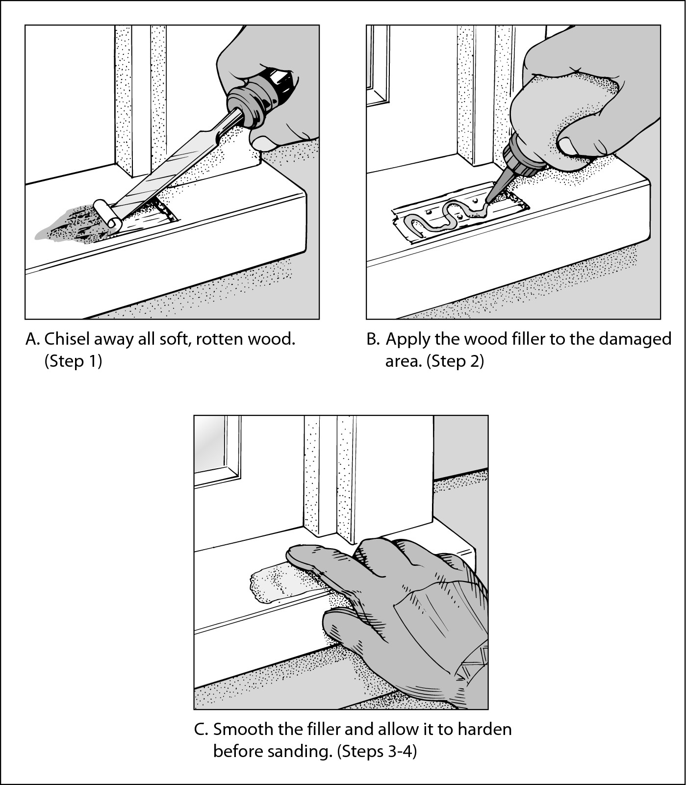 Figure 2-5: Use wood filler to repair small patches of rotted wood on the windowsill.